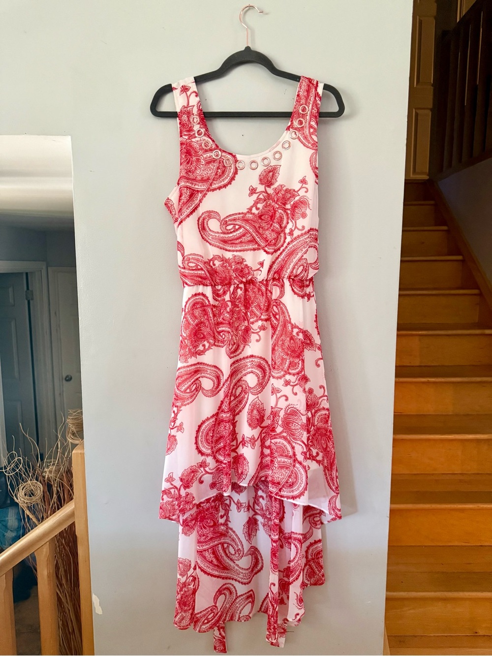 🇨🇦Joseph Ribkoff Red White Paisley High Low Midi Dress Grommet Scoop Neck Sz 16